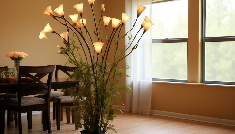 Éclairage d'une maison avec les lampadaires : salon, chambre et cuisine